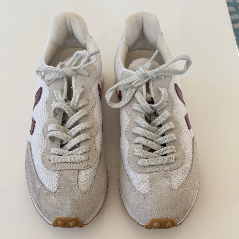 Veja White and Burgundy Athletic Sneakers
